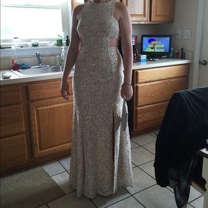 Long cream and gold cut out prom dress!